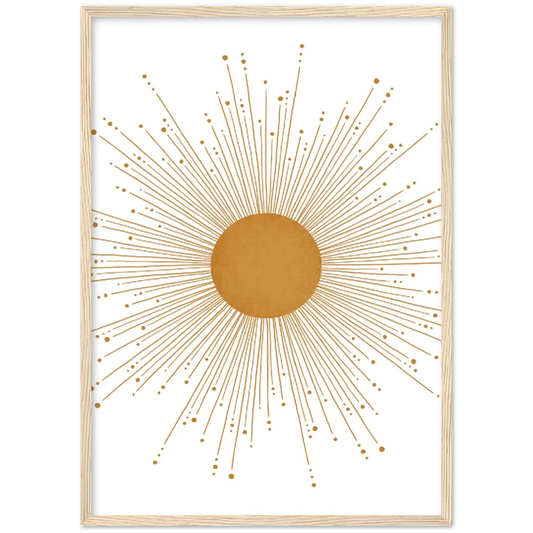Cuadro Minimalista Boho Sol: Arte de pared con rayos de sol dorados con diseño boho minimalista.
