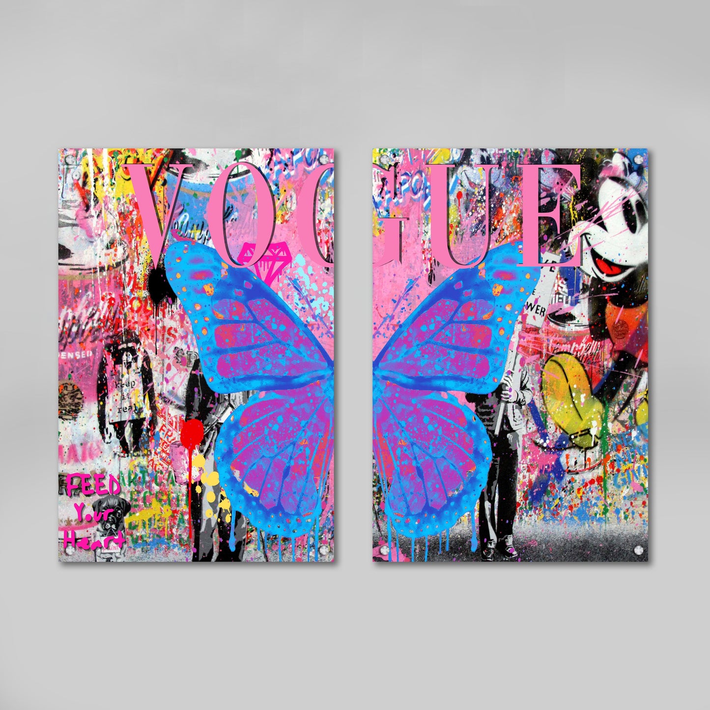 Cuadro Díptico Vogue Obra de graffiti: arte de graffiti vibrante que presenta una gran mariposa y la palabra "VOGUE" en rosa, sobre un fondo colorido y texturizado.