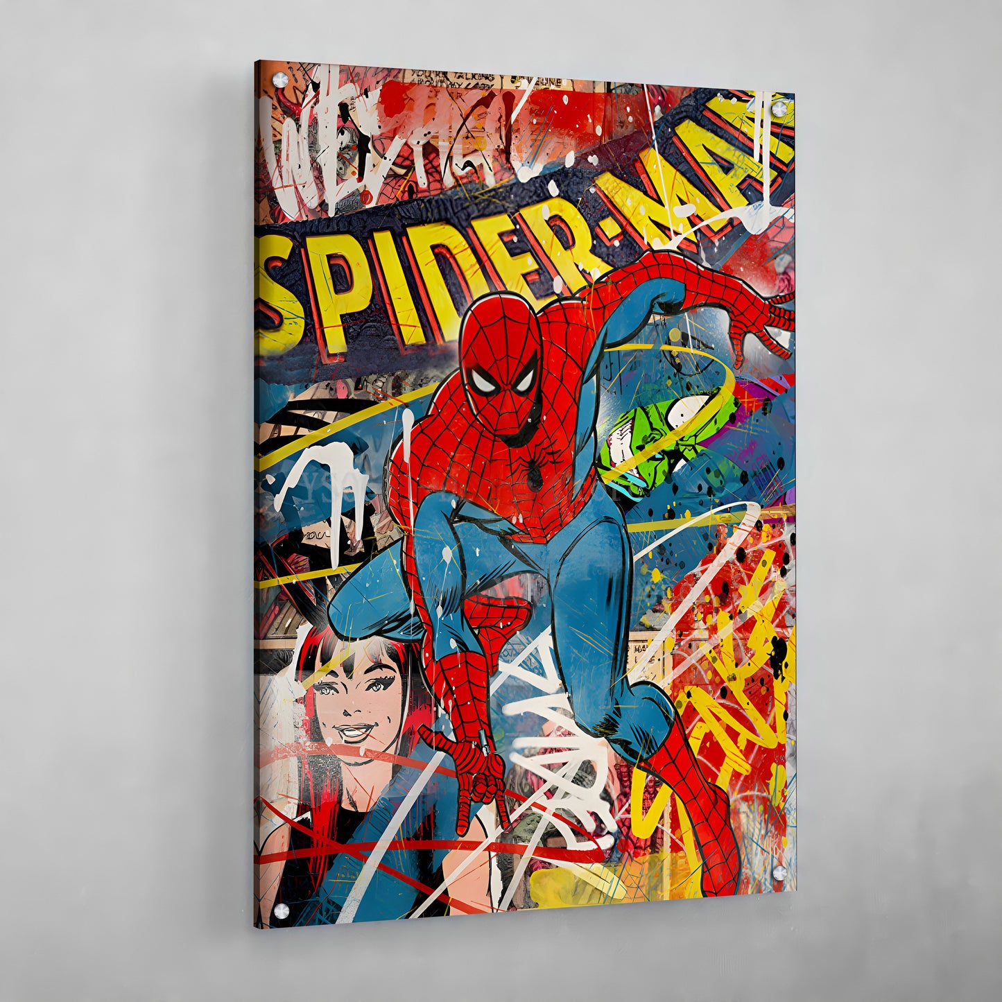 Cuadro Spiderman: Pintura acrílica vibrante de Spiderman en acción, con collage de cómics y arte de grafiti.