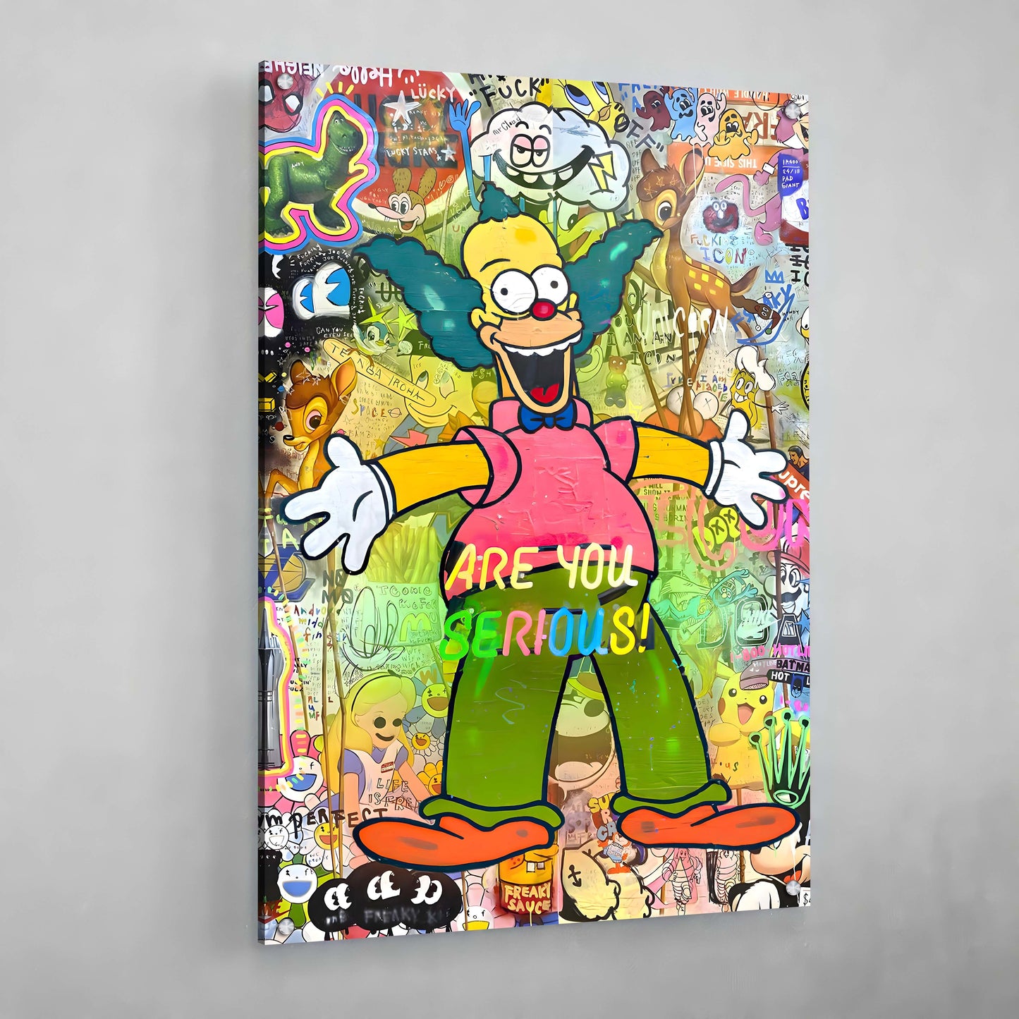 Cuadro Pop Art Krusty The Clown: Vibrante pintura de arte pop que presenta a Krusty el Payaso en medio de un collage de personajes de dibujos animados y grafitis.