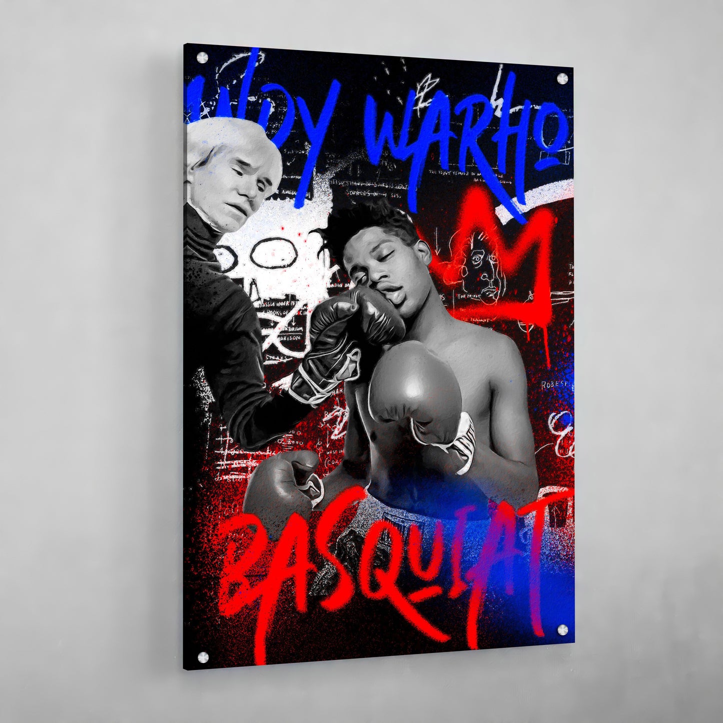 Cuadro Basquiat Warhol: Impresión acrílica que presenta una escena de boxeo con Warhol y Basquiat, llamativos acentos de graffiti en rojo y azul.