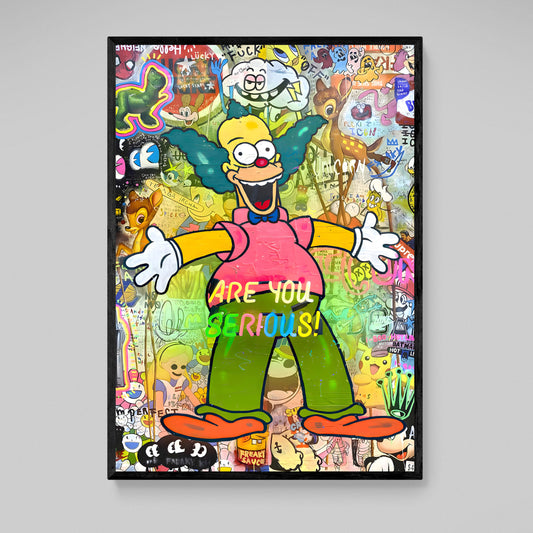 Cuadro Pop Art Krusty The Clown: Vibrante pintura pop art de Krusty el Payaso, rodeado de personajes de dibujos animados y grafitis.