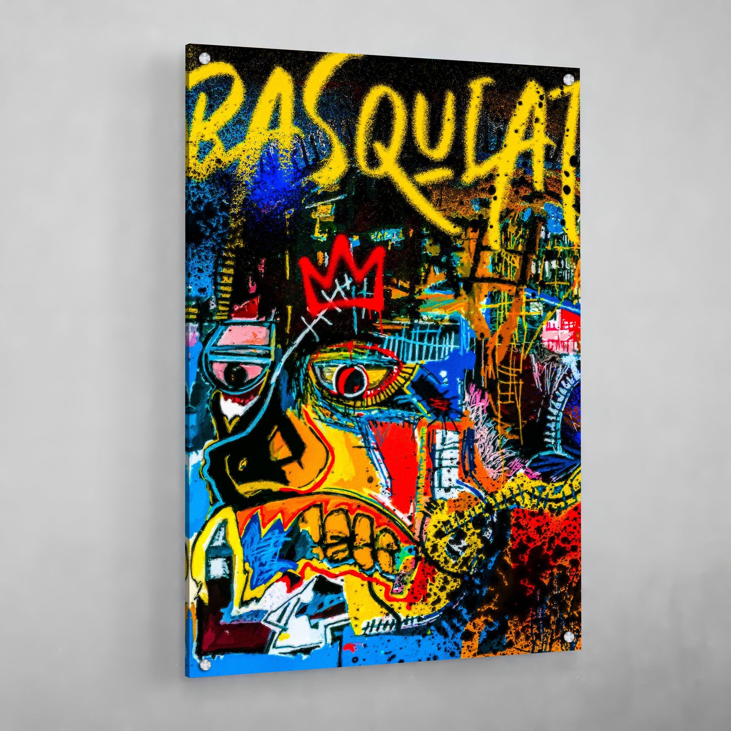 Cuadro Graffiti Basquiat: Pintura acrílica vibrante sobre lienzo, que presenta un estilo de graffiti atrevido y colorido con una corona y figuras inspiradas en Basquiat.