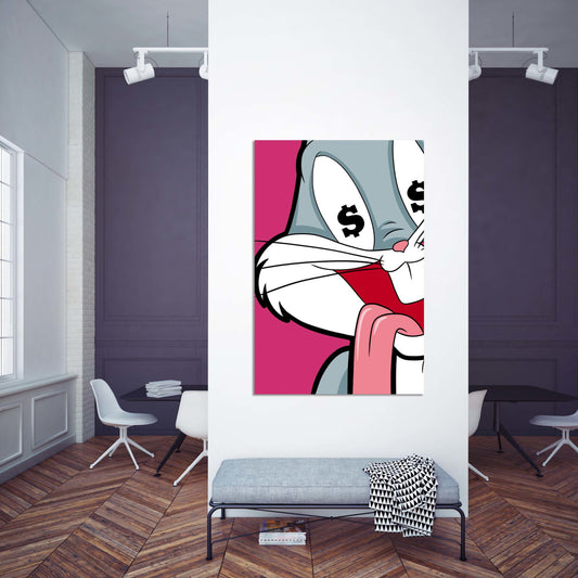 Cuadro Pop Art Bugs Bunny: Atrevida pintura pop art de Bugs Bunny con signos de dólar como ojos y lengua afuera.