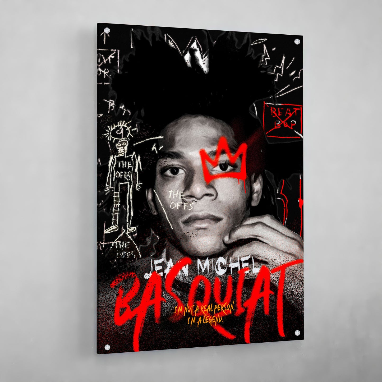 Cuadro Basquiat: Impresionante retrato en blanco y negro de Jean-Michel Basquiat con acentos de arte de graffiti rojo.
