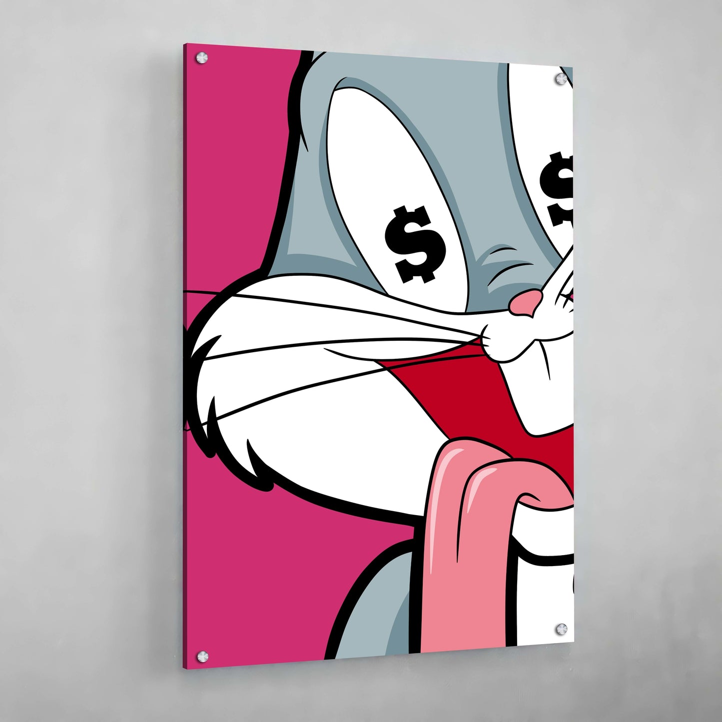 Cuadro Pop Art Bugs Bunny: Primer plano de Bugs Bunny con signos de dólar en los ojos, lengua afuera, sobre un fondo rosa.