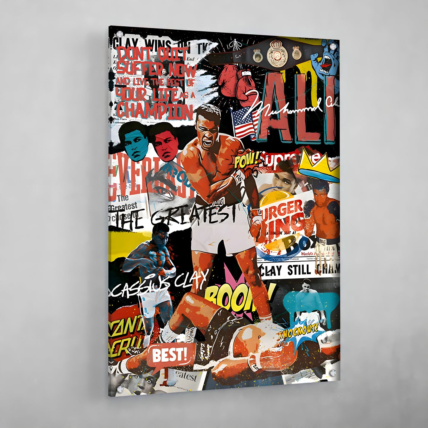 Cuadro Muhammad Ali Pop Art: vibrante obra de collage con Muhammad Ali, imágenes de boxeo y elementos de arte pop.