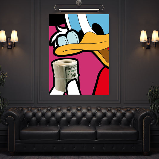 Cuadro Pop Art Donald Duck: Vibrante pintura de arte pop del Pato Donald sosteniendo un rollo de dinero.